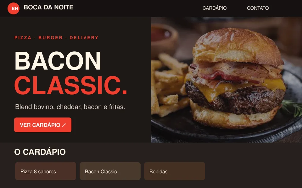 Prévia de cardápio visual com promoção, produtos e preços