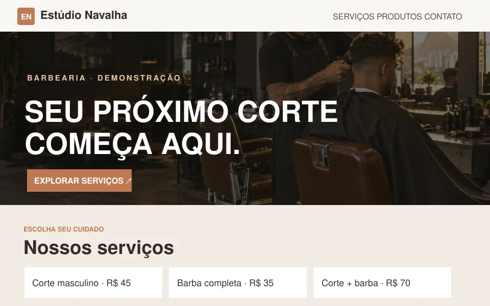 Prévia de serviços de barbearia e solicitação de horário